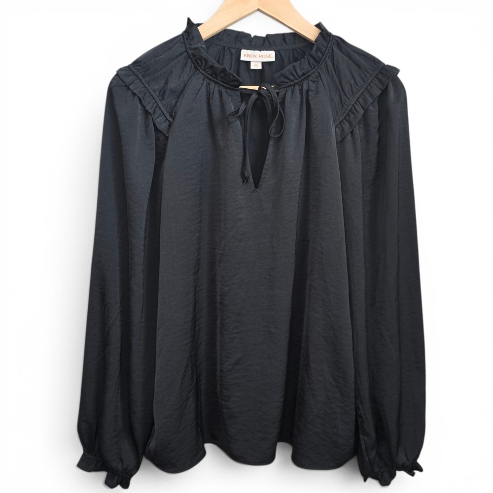 Knox Rose Top Womens Medium Black V Neck Tie Blouse Ruffle Casual Ladies